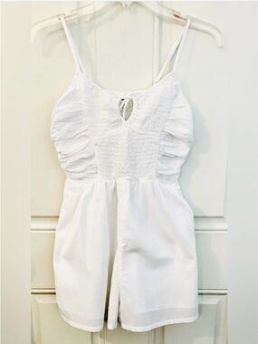 Aerie White Gauze Romper - Breezy Knot Tie Front - Smocked - Pockets -Size XS/TP